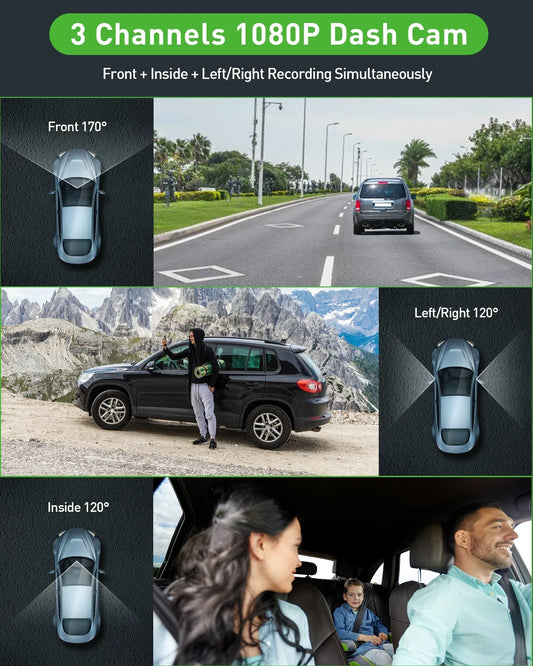3-Channel Dash Cam – Triple Lens Car Video Recorder with 24H Parking Monitor
