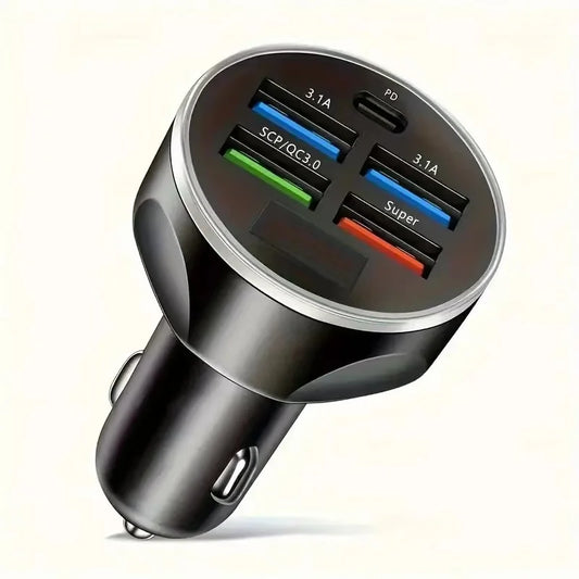 Car 250W Phone Charger – 6-Port Fast Charging PD QC3.0 USB-C Adapter